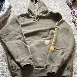 Carhartt Olive Hoodie with Yellow Sleeve Logo